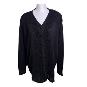 Vtg Nina Patrick Black Beaded Cardigan Wool Blend Cottagecore Romantic Goth‎ 2+